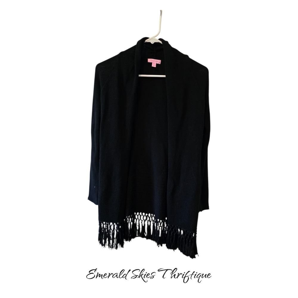 Lilly Pulitzer Tatum Cardigan SZ XXS black Fringe Tassel Long Sweater Knit